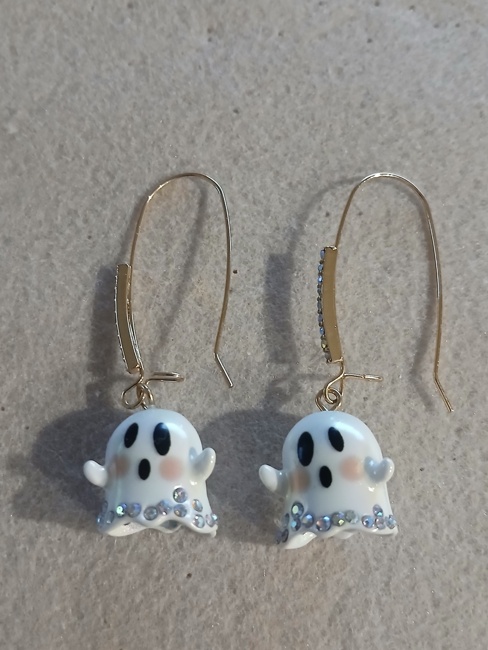 197- White Ghost Charm Drop Earrings - Gold Hooks